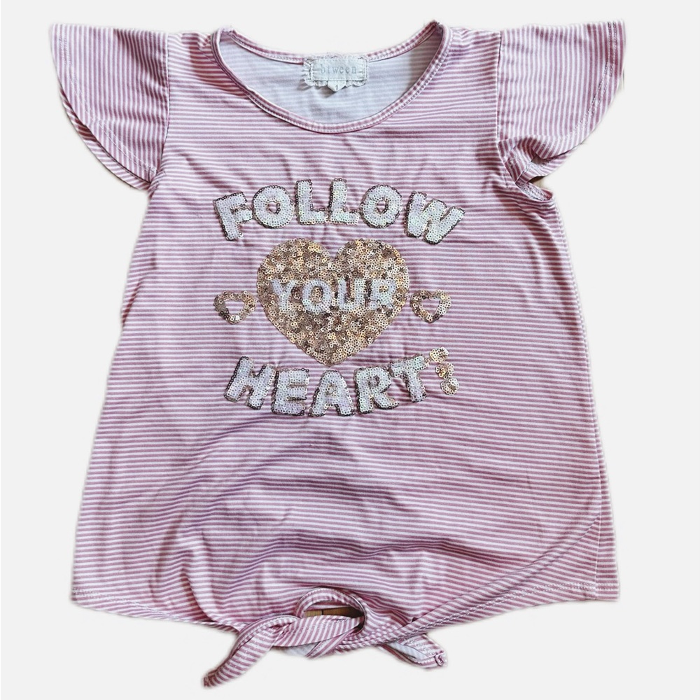 BTWEEN pink and white stripe follow your heart with sequins tee shirt